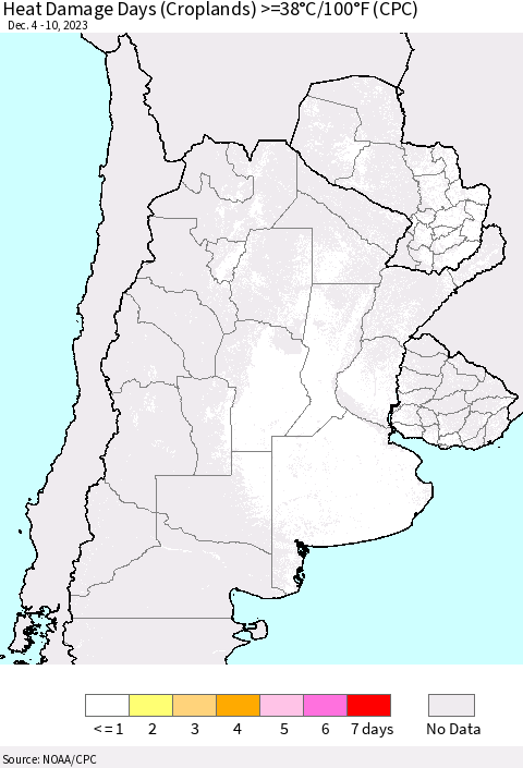 Southern South America Heat Damage Days (Croplands) >=38°C/100°F (CPC) Thematic Map For 12/4/2023 - 12/10/2023