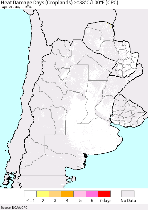 Southern South America Heat Damage Days (Croplands) >=38°C/100°F (CPC) Thematic Map For 4/29/2024 - 5/5/2024