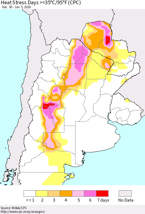 Southern South America Heat Stress Days >=35°C/95°F (CPC) Thematic Map For 12/30/2019 - 1/5/2020