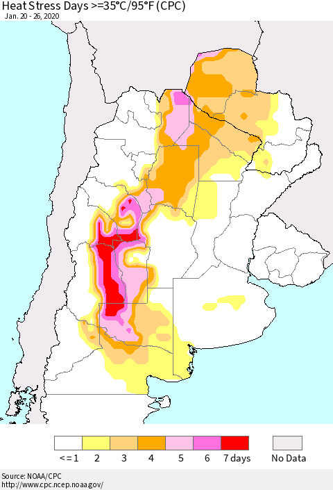 Southern South America Heat Stress Days >=35°C/95°F (CPC) Thematic Map For 1/20/2020 - 1/26/2020