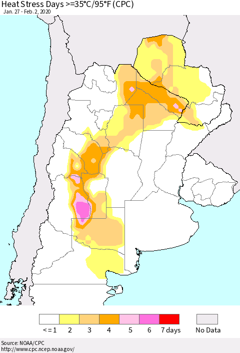 Southern South America Heat Stress Days >=35°C/95°F (CPC) Thematic Map For 1/27/2020 - 2/2/2020