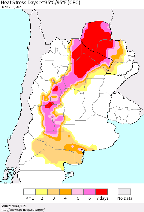 Southern South America Heat Stress Days >=35°C/95°F (CPC) Thematic Map For 3/2/2020 - 3/8/2020
