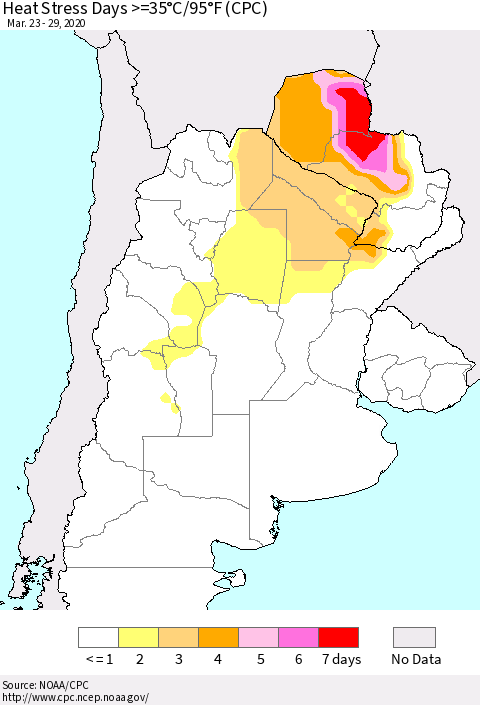 Southern South America Heat Stress Days >=35°C/95°F (CPC) Thematic Map For 3/23/2020 - 3/29/2020