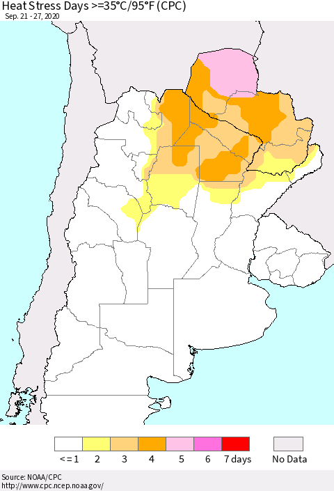 Southern South America Heat Stress Days >=35°C/95°F (CPC) Thematic Map For 9/21/2020 - 9/27/2020
