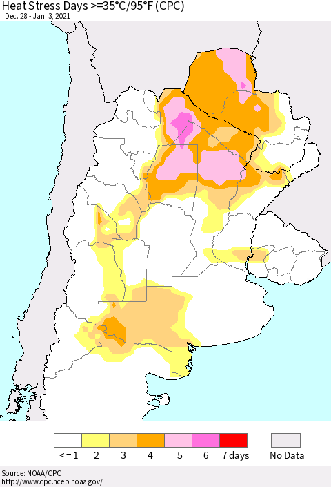 Southern South America Heat Stress Days >=35°C/95°F (CPC) Thematic Map For 12/28/2020 - 1/3/2021