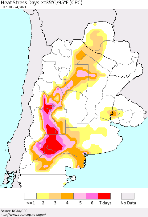 Southern South America Heat Stress Days >=35°C/95°F (CPC) Thematic Map For 1/18/2021 - 1/24/2021
