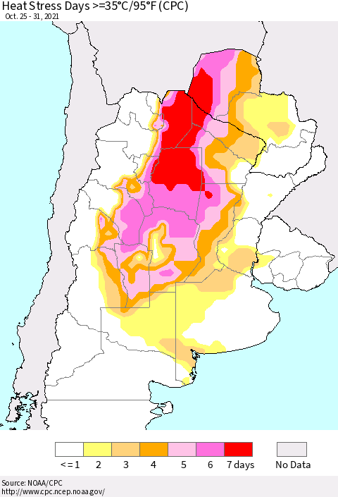 Southern South America Heat Stress Days >=35°C/95°F (CPC) Thematic Map For 10/25/2021 - 10/31/2021