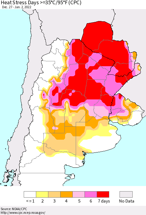 Southern South America Heat Stress Days >=35°C/95°F (CPC) Thematic Map For 12/27/2021 - 1/2/2022