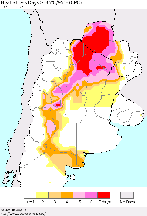 Southern South America Heat Stress Days >=35°C/95°F (CPC) Thematic Map For 1/3/2022 - 1/9/2022