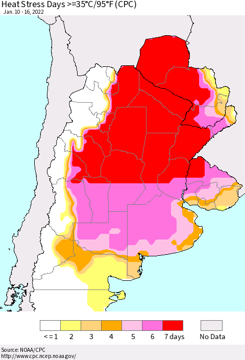 Southern South America Heat Stress Days >=35°C/95°F (CPC) Thematic Map For 1/10/2022 - 1/16/2022