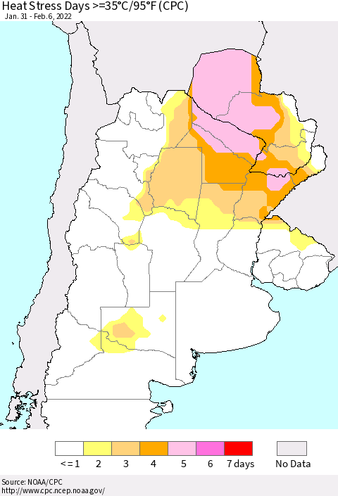 Southern South America Heat Stress Days >=35°C/95°F (CPC) Thematic Map For 1/31/2022 - 2/6/2022