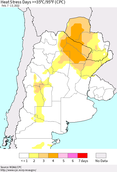 Southern South America Heat Stress Days >=35°C/95°F (CPC) Thematic Map For 2/7/2022 - 2/13/2022