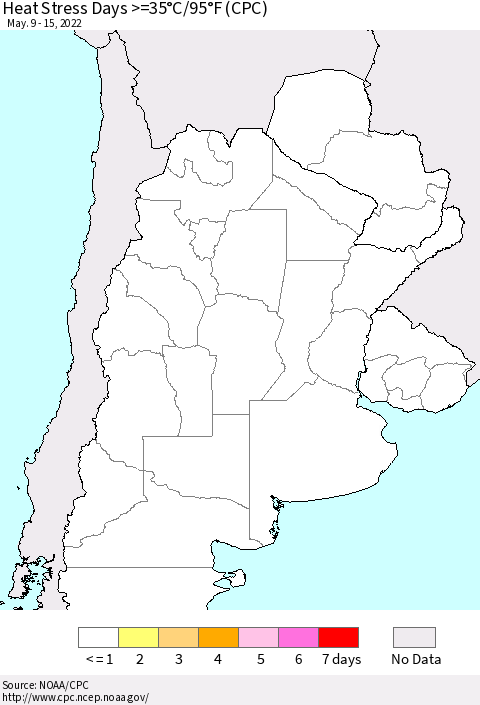 Southern South America Heat Stress Days >=35°C/95°F (CPC) Thematic Map For 5/9/2022 - 5/15/2022