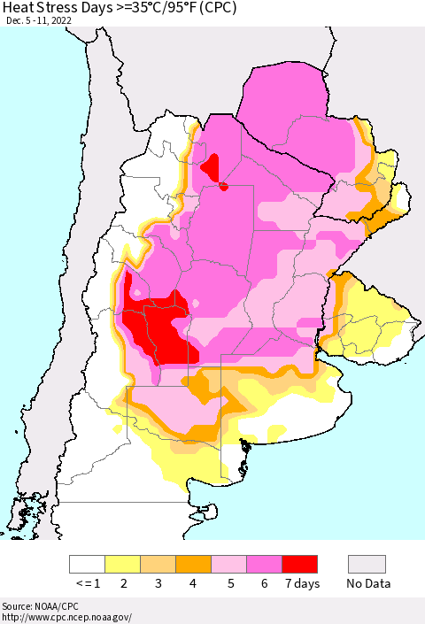 Southern South America Heat Stress Days >=35°C/95°F (CPC) Thematic Map For 12/5/2022 - 12/11/2022