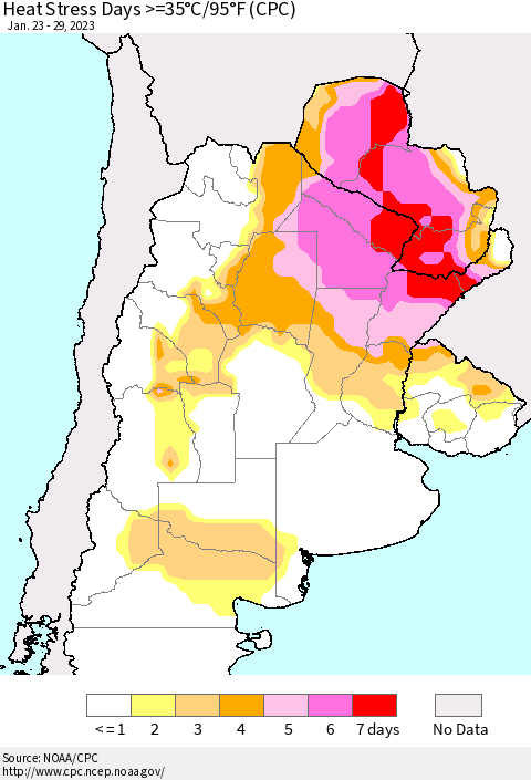 Southern South America Heat Stress Days >=35°C/95°F (CPC) Thematic Map For 1/23/2023 - 1/29/2023