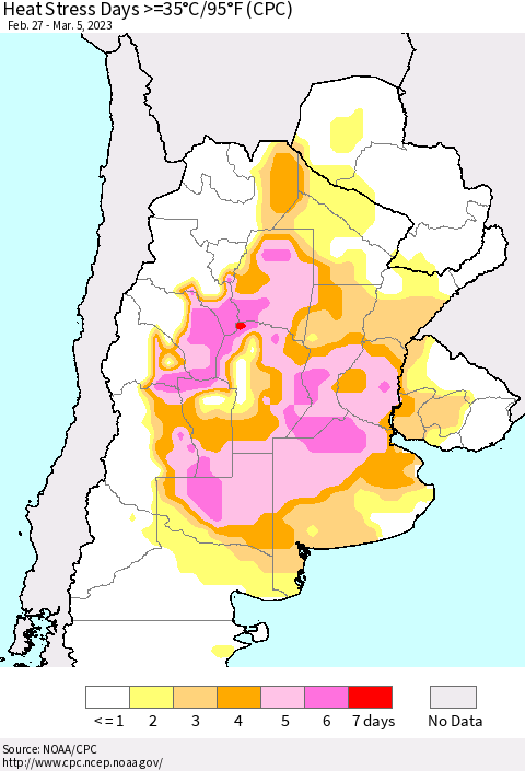 Southern South America Heat Stress Days >=35°C/95°F (CPC) Thematic Map For 2/27/2023 - 3/5/2023