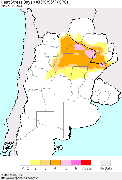 Southern South America Heat Stress Days >=35°C/95°F (CPC) Thematic Map For 3/20/2023 - 3/26/2023