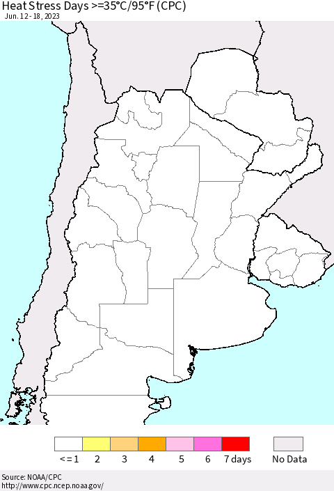 Southern South America Heat Stress Days >=35°C/95°F (CPC) Thematic Map For 6/12/2023 - 6/18/2023