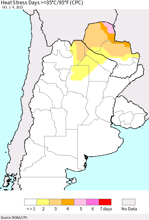 Southern South America Heat Stress Days >=35°C/95°F (CPC) Thematic Map For 10/2/2023 - 10/8/2023