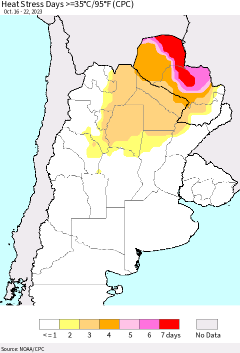 Southern South America Heat Stress Days >=35°C/95°F (CPC) Thematic Map For 10/16/2023 - 10/22/2023
