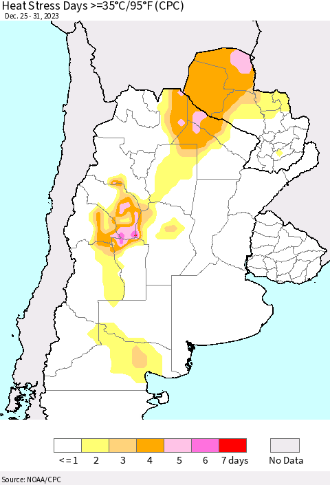 Southern South America Heat Stress Days >=35°C/95°F (CPC) Thematic Map For 12/25/2023 - 12/31/2023