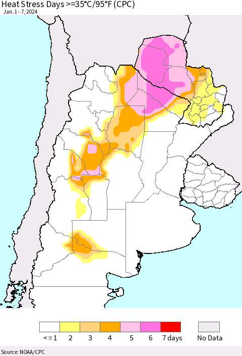 Southern South America Heat Stress Days >=35°C/95°F (CPC) Thematic Map For 1/1/2024 - 1/7/2024