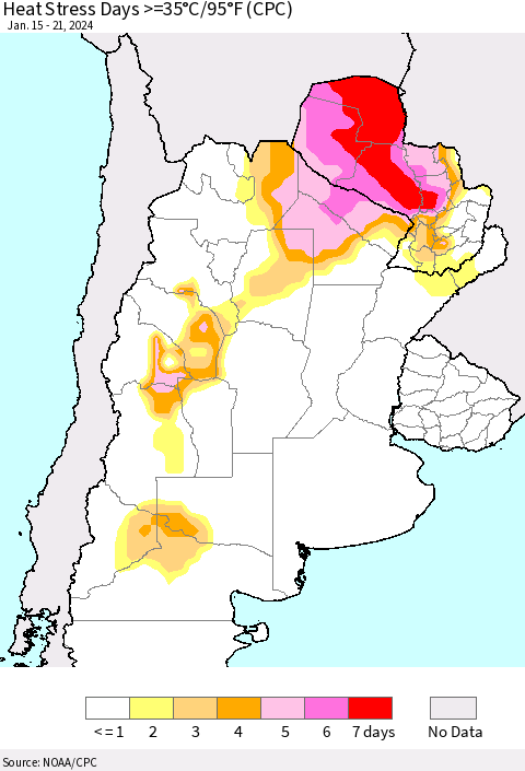 Southern South America Heat Stress Days >=35°C/95°F (CPC) Thematic Map For 1/15/2024 - 1/21/2024