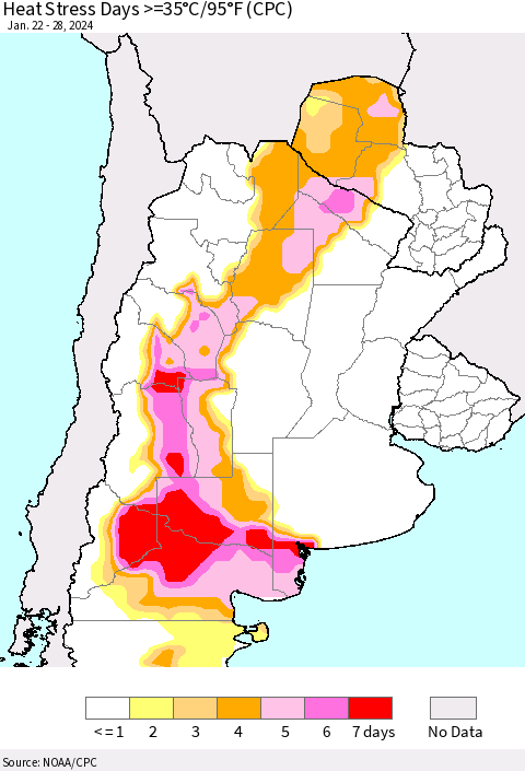 Southern South America Heat Stress Days >=35°C/95°F (CPC) Thematic Map For 1/22/2024 - 1/28/2024
