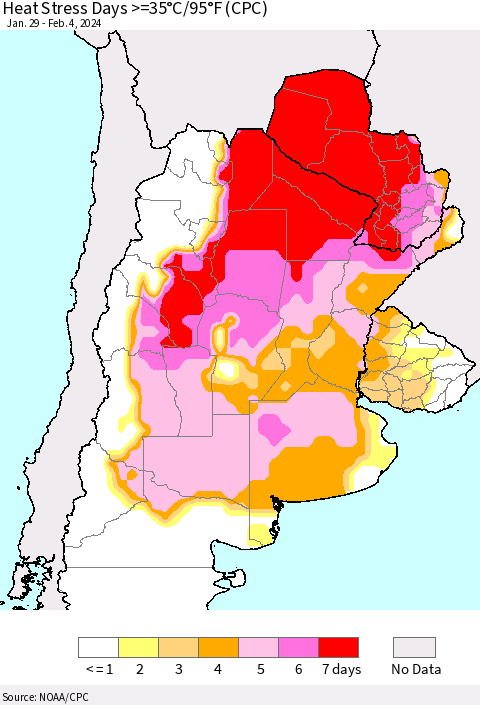 Southern South America Heat Stress Days >=35°C/95°F (CPC) Thematic Map For 1/29/2024 - 2/4/2024