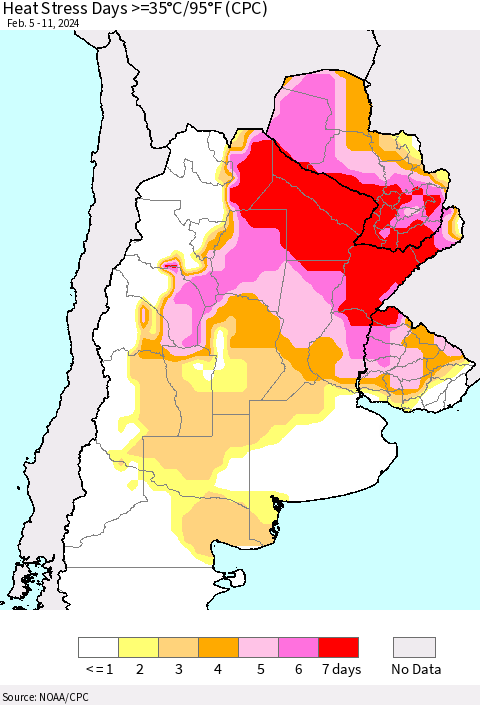 Southern South America Heat Stress Days >=35°C/95°F (CPC) Thematic Map For 2/5/2024 - 2/11/2024