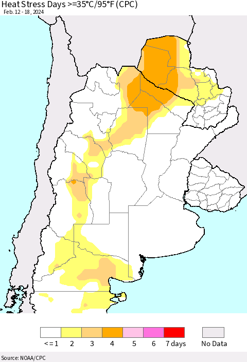 Southern South America Heat Stress Days >=35°C/95°F (CPC) Thematic Map For 2/12/2024 - 2/18/2024