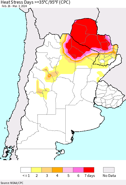 Southern South America Heat Stress Days >=35°C/95°F (CPC) Thematic Map For 2/26/2024 - 3/3/2024