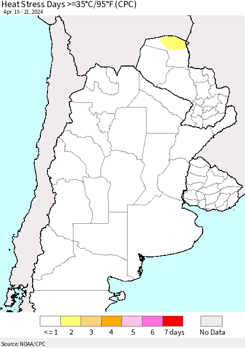 Southern South America Heat Stress Days >=35°C/95°F (CPC) Thematic Map For 4/15/2024 - 4/21/2024