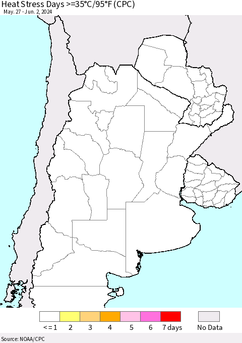 Southern South America Heat Stress Days >=35°C/95°F (CPC) Thematic Map For 5/27/2024 - 6/2/2024