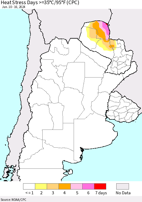 Southern South America Heat Stress Days >=35°C/95°F (CPC) Thematic Map For 6/10/2024 - 6/16/2024