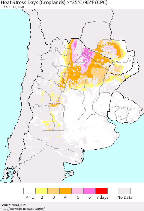 Southern South America Heat Stress Days (Croplands) >=35°C/95°F (CPC) Thematic Map For 1/6/2020 - 1/12/2020