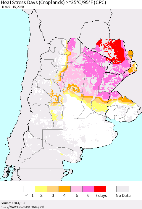Southern South America Heat Stress Days (Croplands) >=35°C/95°F (CPC) Thematic Map For 3/9/2020 - 3/15/2020