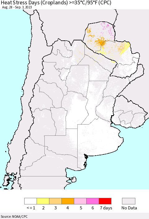 Southern South America Heat Stress Days (Croplands) >=35°C/95°F (CPC) Thematic Map For 8/28/2023 - 9/3/2023