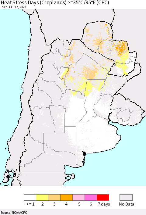 Southern South America Heat Stress Days (Croplands) >=35°C/95°F (CPC) Thematic Map For 9/11/2023 - 9/17/2023