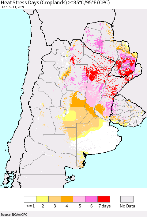 Southern South America Heat Stress Days (Croplands) >=35°C/95°F (CPC) Thematic Map For 2/5/2024 - 2/11/2024