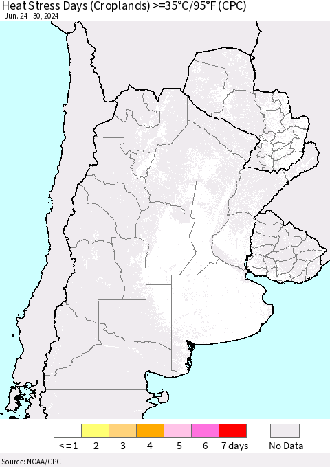 Southern South America Heat Stress Days (Croplands) >=35°C/95°F (CPC) Thematic Map For 6/24/2024 - 6/30/2024