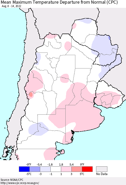 Southern South America Mean Maximum Temperature Departure from Normal (CPC) Thematic Map For 8/8/2022 - 8/14/2022