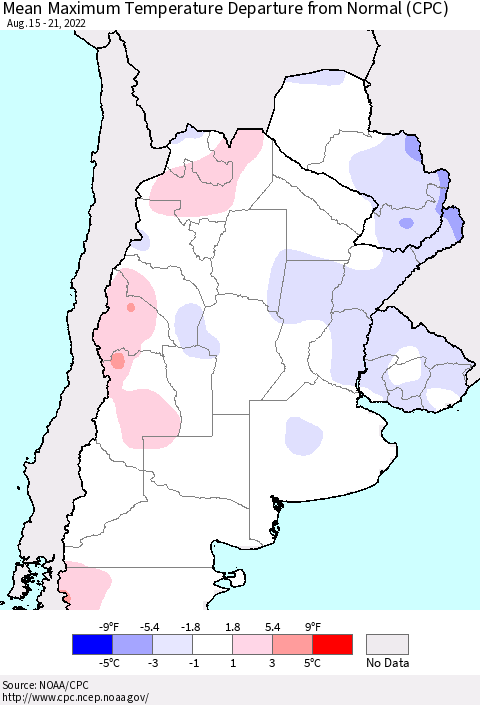 Southern South America Mean Maximum Temperature Departure from Normal (CPC) Thematic Map For 8/15/2022 - 8/21/2022