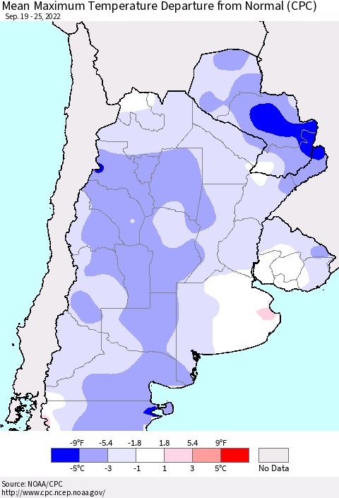 Southern South America Mean Maximum Temperature Departure from Normal (CPC) Thematic Map For 9/19/2022 - 9/25/2022
