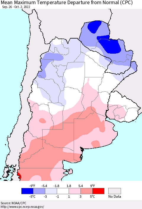 Southern South America Mean Maximum Temperature Departure from Normal (CPC) Thematic Map For 9/26/2022 - 10/2/2022