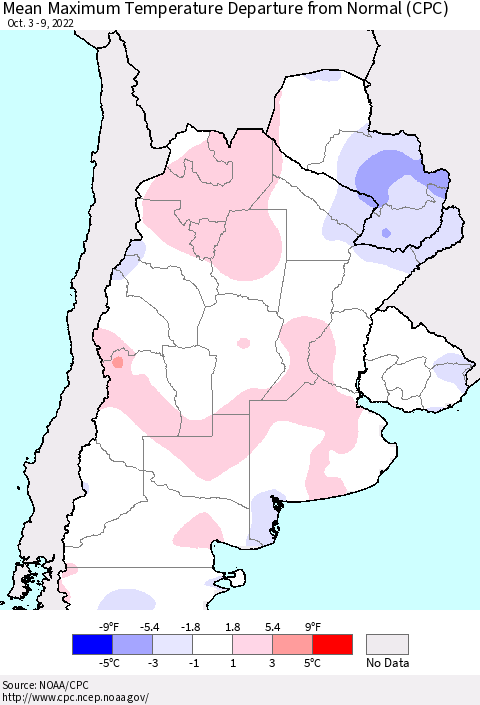 Southern South America Mean Maximum Temperature Departure from Normal (CPC) Thematic Map For 10/3/2022 - 10/9/2022