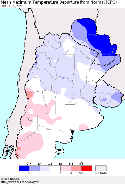Southern South America Mean Maximum Temperature Departure from Normal (CPC) Thematic Map For 10/10/2022 - 10/16/2022