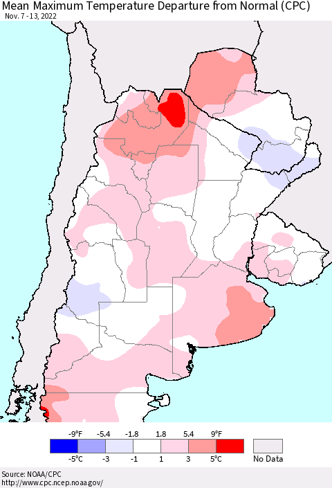 Southern South America Mean Maximum Temperature Departure from Normal (CPC) Thematic Map For 11/7/2022 - 11/13/2022