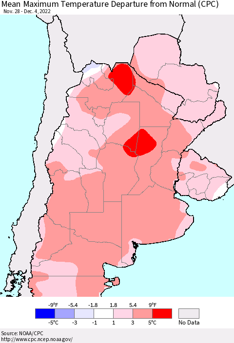 Southern South America Mean Maximum Temperature Departure from Normal (CPC) Thematic Map For 11/28/2022 - 12/4/2022