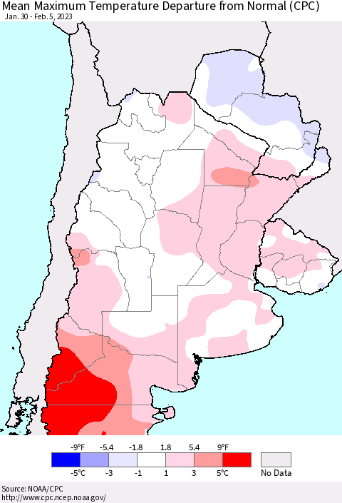Southern South America Mean Maximum Temperature Departure from Normal (CPC) Thematic Map For 1/30/2023 - 2/5/2023